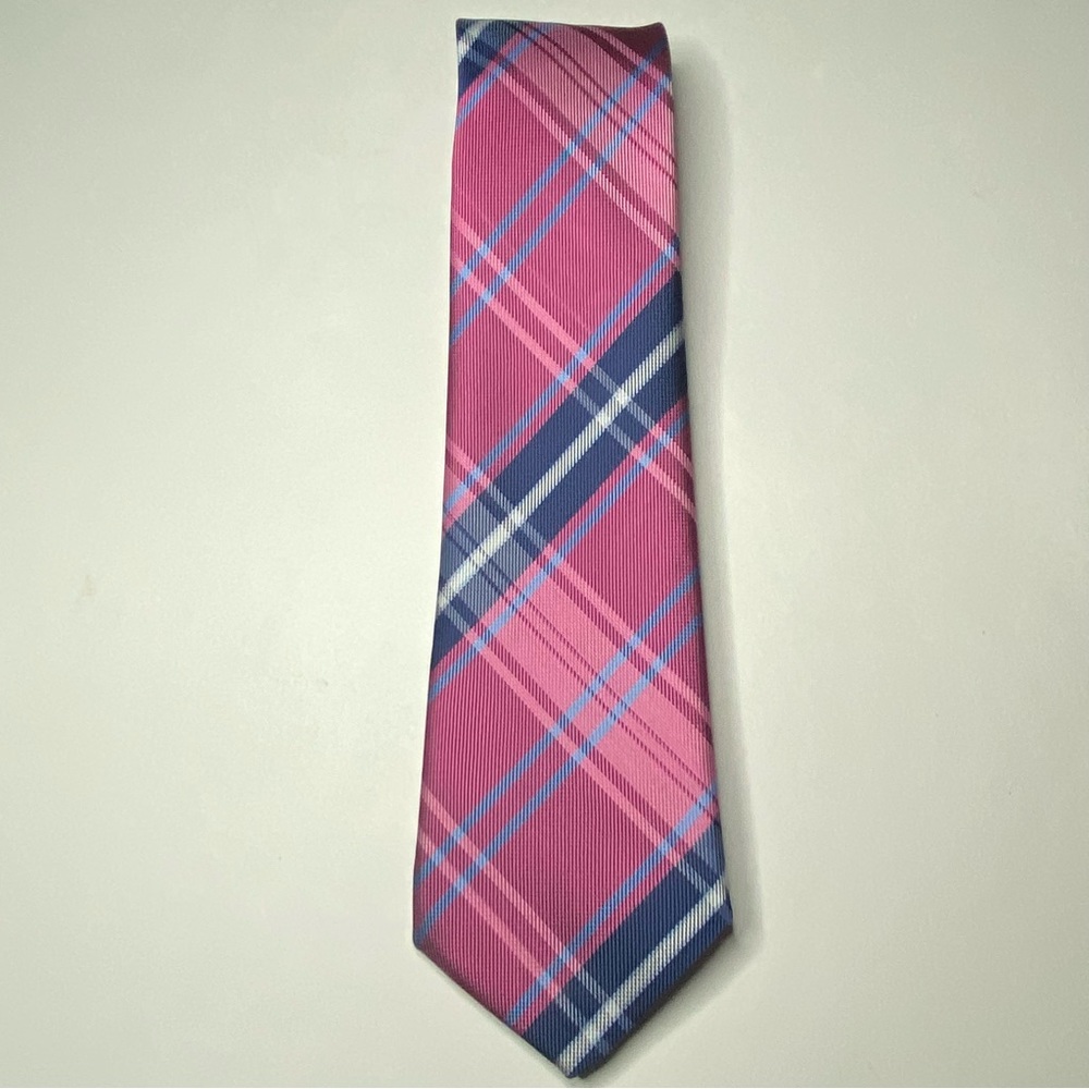 Gino Lussari Necktie Pink Blue White Plaid Polyester Church Office Wedding